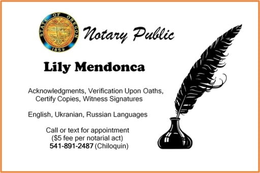 Lily Mendonca, notary public, Chiloquin, Oregon